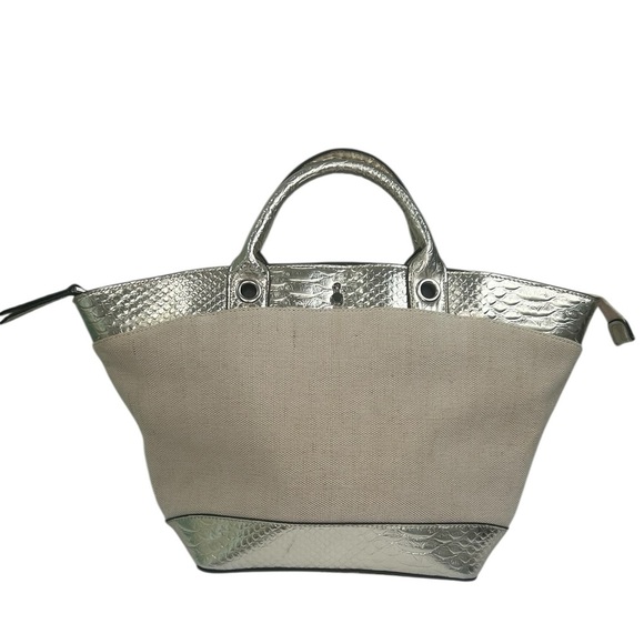 London Fog Gold Metallic Linen Snakeskin Tote Large Bag Purse Preppy Chic Summer - Picture 1 of 14